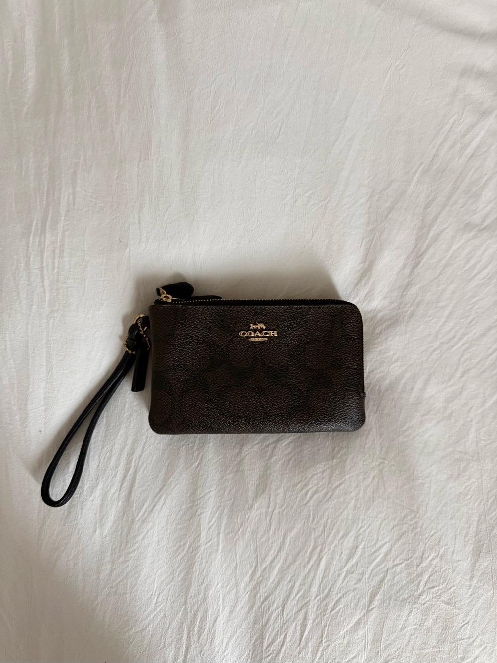 Coach Brown Signature Zip Wristlet with Gold Hardware